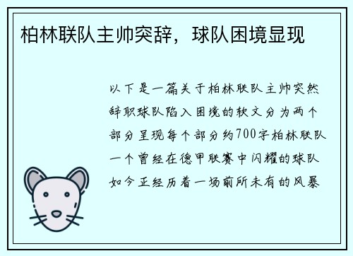柏林联队主帅突辞，球队困境显现